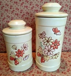 Vintage Ceramic 4 Piece Bathroom Vanity Canister Set~MCM Butterflies and Flowers - Picture 1 of 17