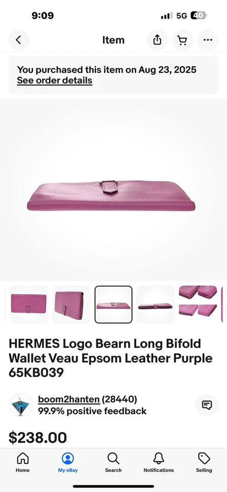 Cartera Larga Doble Plegable HERMES Logo Bearn Cuero Veau Epsom Rosa 65KB039 Foto 1 de 4