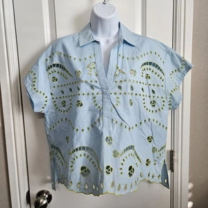 ANTHROPOLOGIE MAEVE kurzärmelige kastige Ösenbluse blau Small.  - Bild 1 von 11