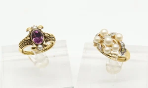 Anello simulato 2 perle di ametista finta tono oro giallo Avon e diamanti - Foto 1 di 7