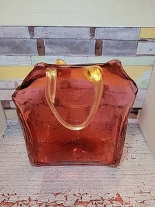 Vintage Art Hand Blown Pink Glass Murano Style Purse Handbag Vase 11” Tall - Picture 1 of 6