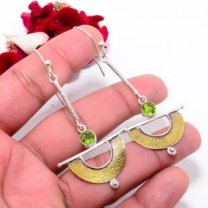 Peridot Gemstone 925 Sterling Silver Textured Two Tone Basket Earring 2.89" Su23 - Picture 1 of 4