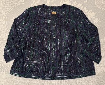 Chaqueta Ruby Rd Talla 24W Verde Púrpura Negra Botón Bolsillos Frontales Brillante Chamarra Foto 1 de 4