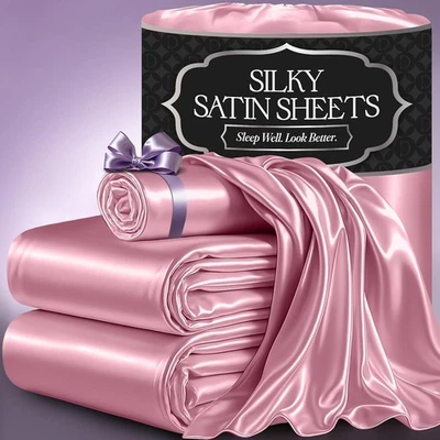 Sábanas de satén - Juego de cama de lujo de 3 piezas sedoso tamaño doble - más suave que la seda Foto 1 de 4