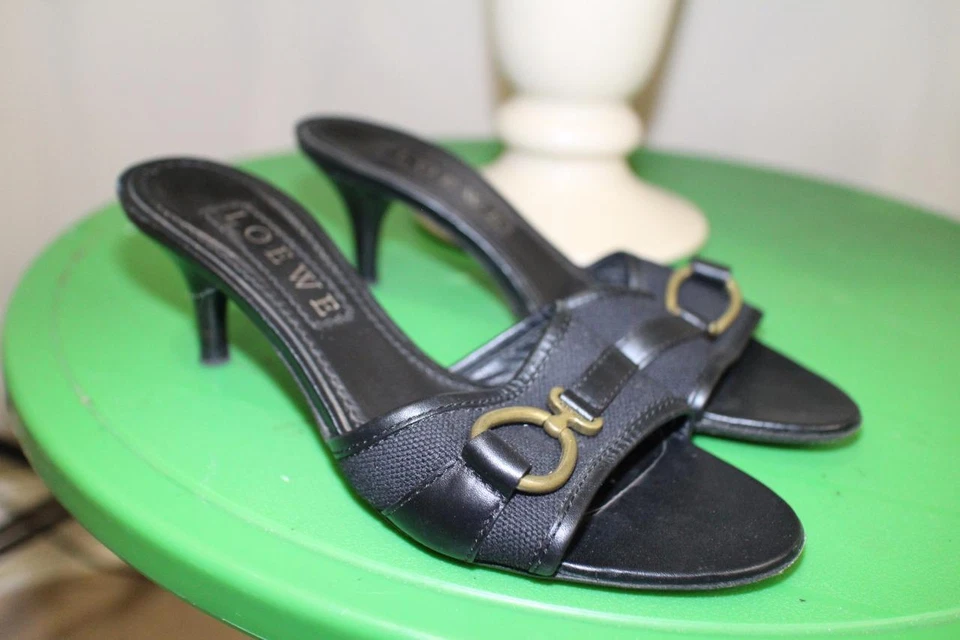 Loewe Negro Cuero/Lona Logo Hebilla Dedos Abiertos Tacón Deslizante Talla 37US 7 (TACO600) Foto 1 de 1