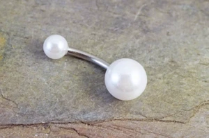 14G CLASSIC WHITE FRESHWATER PEARL 316L STEEL BELLY BUTTON BARBELL NAVEL RINGS - Picture 1 of 2