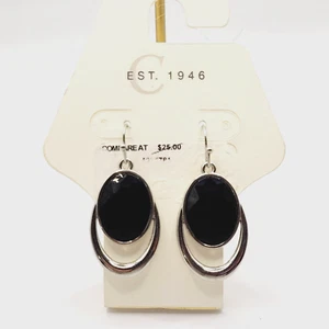 Onyx Look Faceted Black Glass Stone Silver Tone Drop Hook Pierced Earrings - Imagen 1 de 12