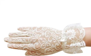 Stretch Floral Lace Gloves for Girl with Lace Ruffle Trim Wrist Length 2BL - Picture 1 of 12