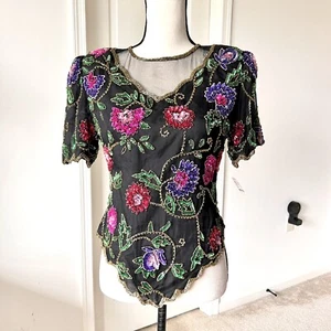 NWT Vintage LAURENCE KAZAR Petite Beaded Floral Silk Mesh V-Neck Blouse—SZ. PM - Picture 1 of 20