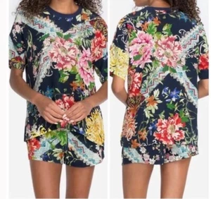 Johnny Was Womens Carolyn Short Set Large Floral 100% Silk Sleep Shirt & Shorts - Picture 1 of 9