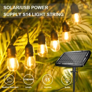 15M-150M Solar LED Festoon String Lights S14 Bulbs Wedding Party Outdoor Patio - Picture 1 of 15