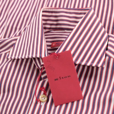 Camicia elegante Kiton nuova con etichetta taglia 15 38 rossa con righe bianche blu 100% cotone - Immagine 1 di 4