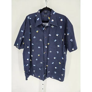 Nautica Mens Sz XXL Short Sleeve Button Up Shirt Cotton Blue Flag Print - Picture 1 of 4
