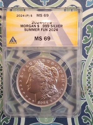 2024 (P) MORGAN DOLLAR .999 SILVER SUMMER FUN 2024 ANACS MS 69 - Image 1 of 4