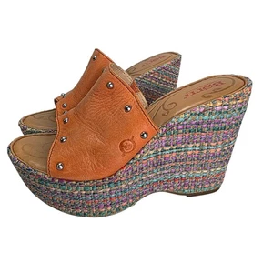 Born Boho Woven Tweed Platform Wedge Sandals Orange Leather Studded Slides 6 Y2K - Picture 1 of 13