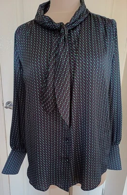Brand New NEXT Black GREEN Purple SILKY Long Sleeve TIE NECK Shirt BLOUSE Top 16 - Image 1 of 4