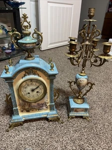Antique French Blue Porcelain Guilt Bronze Mantle Clock & Candle Sticks Holder - Picture 1 of 24