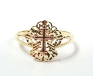 14K Yellow Rose Gold Twon Tone Religious Ring Ladies Women Cross Diamond Cut - Picture 1 of 6