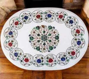 Sofá Mesa Mármol Blanco con Incrustación de Piedras Semipreciosas - Elegante Diseño Artístico Superior - Imagen 1 de 7