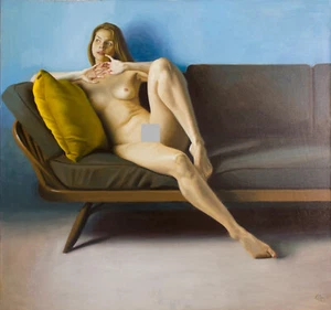 Original Unframed Oil Painting Female Nude Girl artwork blonde woman nu couch - Picture 1 of 5