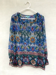 ☘️ Womens Blue Illusion 100% Viscose Long Sleeve Floral Print Blouse Top Size XS - Picture 1 of 6