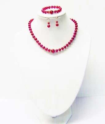 "Juego de collar/pulsera/pendientes de perlas de vidrio rojo de 13"" para niña"  Foto 1 de 4