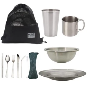 Compact Camping Mess Kit Stainless Plates Cups Bowls Set Mesh Bag 1 Set - Picture 1 of 7