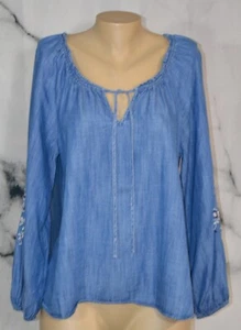 LC LAUREN CONRAD Blue Chambray Tie Neck Tunic Medium Long Sleeve Embroidered Acc - Picture 1 of 7