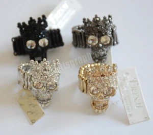 Skeleton Skull Ring w Crystals / 1 1/4" H / Stretch Link Band / Choose Finish - Picture 1 of 6