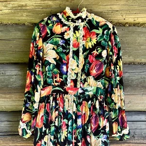 Vintage Dress Flower Garden Lace Trim Riri Zipper Midi Pleated Long Sleeve XS-S - Picture 1 of 11