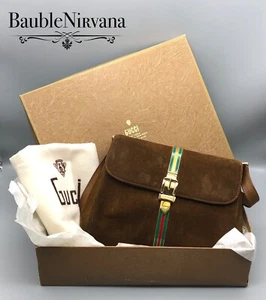 Vintage Gucci Buckle Crossbody Shoulder Bag Leather Suede Brown Enamel & Box - Picture 1 of 14
