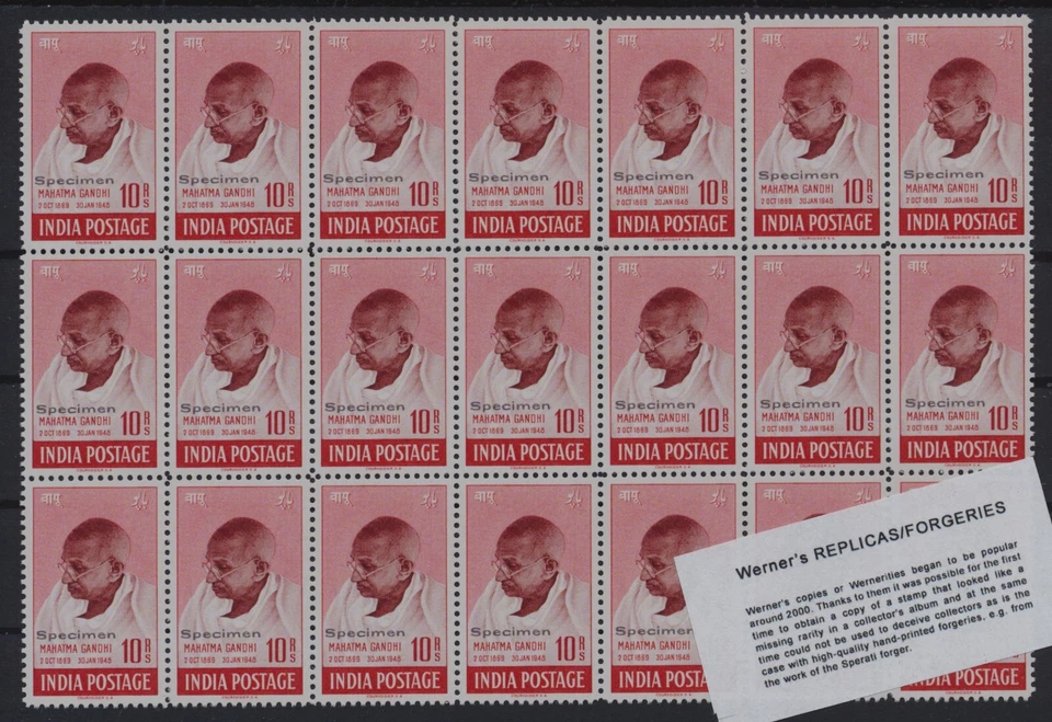 FALSIFICACIÓN - Hoja de FALSIFICACIÓN/RÉPLICA de Werner de 1948 Gandhi "Especimen" sobreimpresión Foto 1 de 4