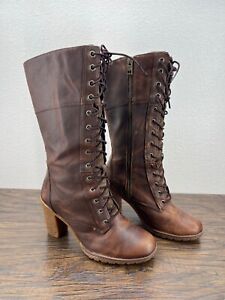 Timberland Brown Leather Lace Up Combat Mid Calf Heeled Boots Size 8 