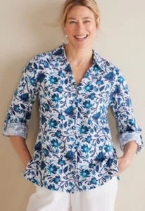 Soft Surroundings Women's White/Blue 100%Cotton Addison Gauze Button-Up Shirt XL - Picture 1 of 5