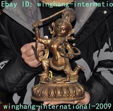 11"Old Tibet Tantra Bronze Gilt snake Holding sword tara Kwan-Yin Buddha statue
