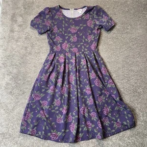 LuLaRoe Women’s L Amelia Dress Purple Floral Roses Fit & Flare Stretchy Pockets - Picture 1 of 11