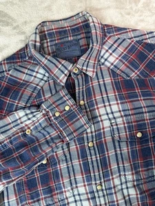 Camisa Lucky Brand Para Hombres Med Roja Azul A Cuadros Manga Larga Perla Occidental Botón a Presión - Imagen 1 de 12