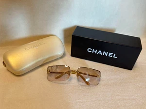 CHANEL 4104-B Sunglasses CC Mark Logo Rhinestone Rimless Gold Frame Brown Lens - Picture 1 of 10