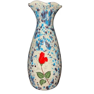 Vintage Art Pottery Vase Blue Speckle Glaze Hand Painted Rose 6.5” Tall Signed - Picture 1 of 7