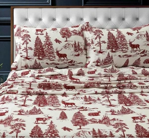 Queen Cuddl Duds 100% Cotton Heavyweight Flannel Sheet Set -LODGE TOILE reg. $99 - Picture 1 of 13