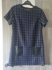 Ladies Dorothy Perkins Blue Check Leather Trim Dress Size 14