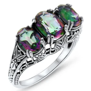 ANILLO ARCO IRIS CUARZO MÍSTICO 3 PIEDRAS PLATA ESTERLINA 925 DECO ESTILO ANTIGUO #391 - Imagen 1 de 4
