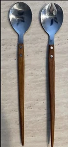 VTG MCM Mid Century Danish Stainless Japan Teak Wood Salad Serving Utensils Set - Picture 1 of 8