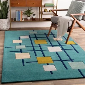 Blue Modern Area Rug Soft Wool Hand Tufted Carpet - Picture 1 of 6