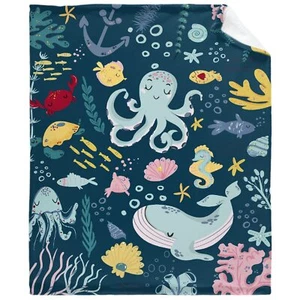 Cute Sea Creatures Flannel Blanket Warm & Cozy 50”x40” For Kids - Picture 1 of 7