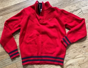 Tommy Hilfiger Strickpullover rot Langarm 1/4 Reißverschluss Baumwolle Jugend Jungen Größe 7 - Bild 1 von 9