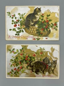 Cesta postal antigua de acebo gatitos gatos Navidad c 1910 - Imagen 1 de 4