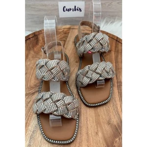 Steve Madden Girls Jnewbie Little Kids Sz 2 Flat Sandals Rhinestone 166-Natural - Picture 1 of 8