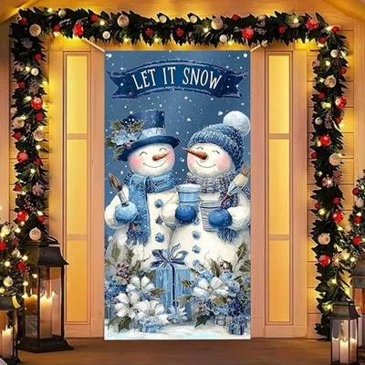 Decorações de neve capa de porta 71x35 polegadas dois bonecos de neve capas de porta banner de festa - Imagem 1 de 4