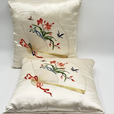 2 BEIJING Chinese silk embroidered Throw Pillows Floral Bird Fan Zip Cover 15x15 - Image 1 of 4